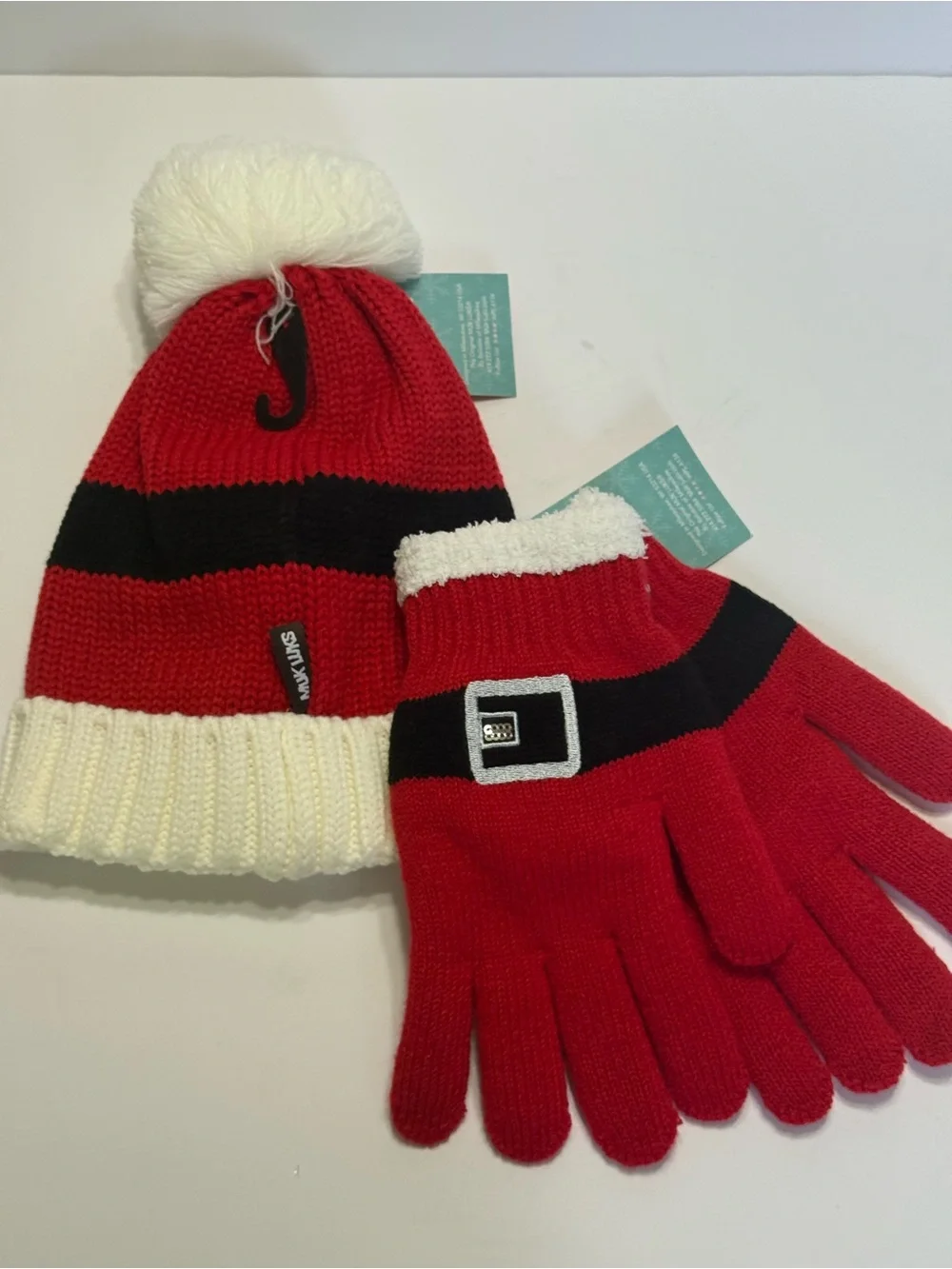 Muk Luks Red Knit Santa Hat & Gloves Set with Pom Pom NWT